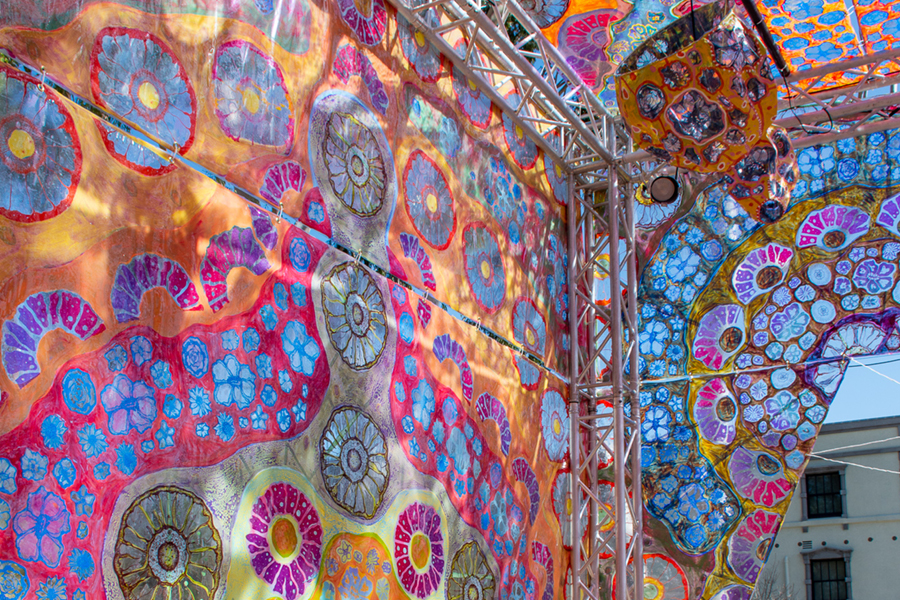 an interior view of the installation, closeup of the painted flowers