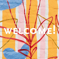 painting of red flower on striped white/orange/white/pink background. "welcome!" in white letters in foreground