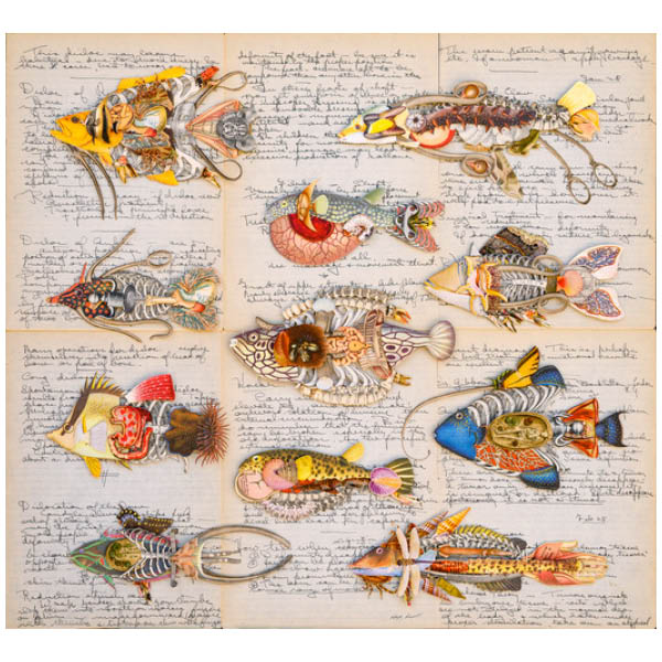Hope Kroll, Go Fish, 2021, hand cut paper collage, three dimensional. Colorful drawings of fantastical fish with background of handwritten notes on parchment.