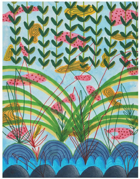 a poster of colorful flowers and reeds before a blue background