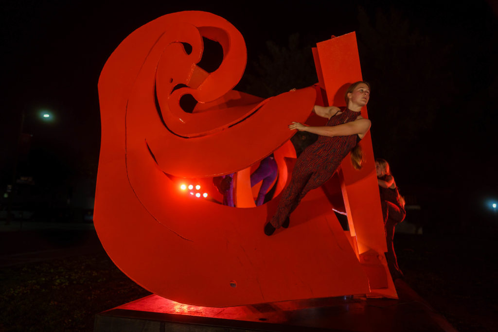 Dress rehearsal of "Spira" - a dance piece piece choreographed by SLO Movement ARts Collective's Maartje Herman. The dance was inspired by Mark di Suvero's sculpture "Mamma Mobius" which is the structure sitting on the center of the lawn.