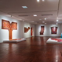 Picture of the Gray Wing at SLOMA with Faig Ahmed's textiles installed