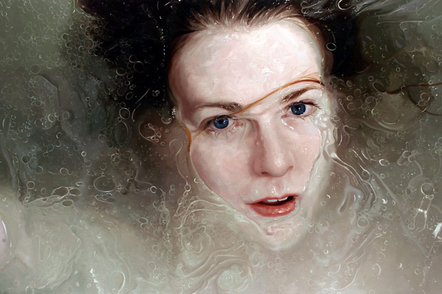 "Stare" by Alyssa Monks. Oil painting depicting a woman almost entirely submerged under water, with her hair swirling below her and her face just above the surface