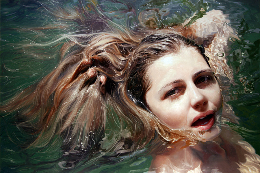 "Bait" by Alyssa Monks. Photo-realistic painting of a young woman chin-deep in clear water, her hair flowing behind her as she looks at the viewer