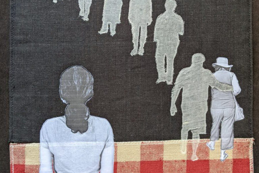 Zwia Lipkin, "Loss," textile collage, 2022 (detail). Fabric art featuring a woman shown from behind, looking at ghostly figures walking into the background, possibly alluding to her ancestors