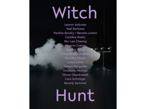 Cover for "Witch Hunt" by the Hammer Museum. Black cover with purple text with book title and the names of featured artists