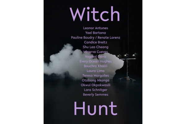 Cover for "Witch Hunt" by the Hammer Museum. Black cover with purple text with book title and the names of featured artists