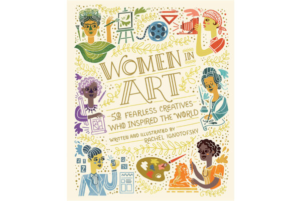 "Women In Art" book cover. Cartoons of famous female artists through history upon a beige background