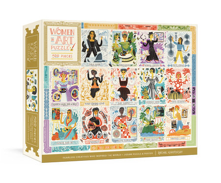 "Women In Art" puzzle box cover. Cartoons of famous female artists through history upon a beige background