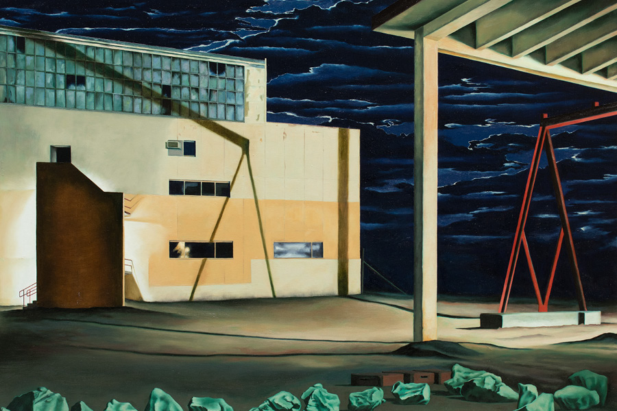 A painting depicting an abandoned warehouse with broken windows, at night