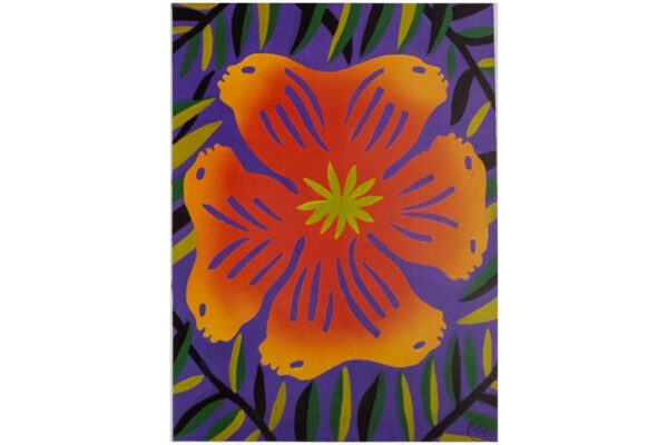 Print featuring motifs from "Calafia was Here" by Erin LeAnn Mitchell. A central figure reminiscent of a California Poppy has its four petals terminating in anthropomorphic faces