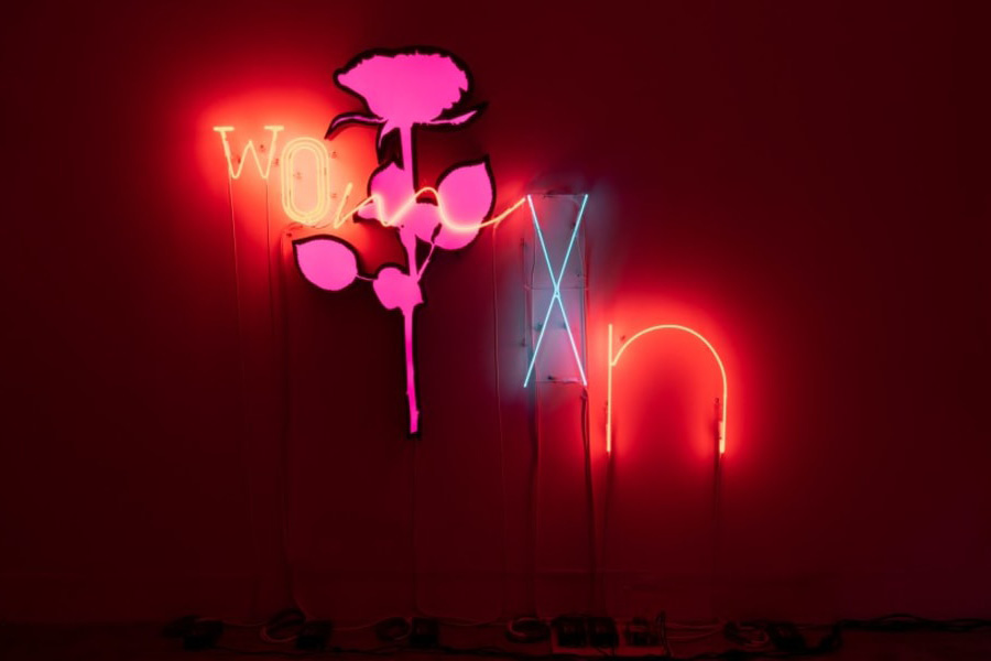 Andrea Bowers "Womxn-Women," 2018 lightbox and neon. Courtesy Jessica Silverman. Red and blue neon letters spell "Womxn" before a dark background with a pink rose