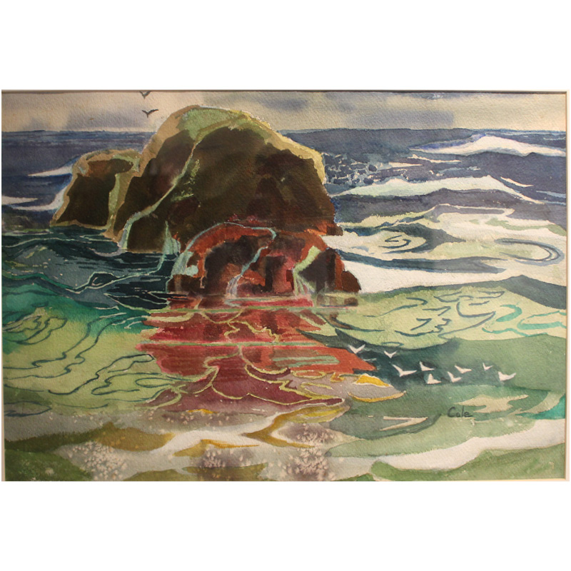 Mary Cole, "Rock Reflections" painting. Swirling waves surround and reflect a rock offshore