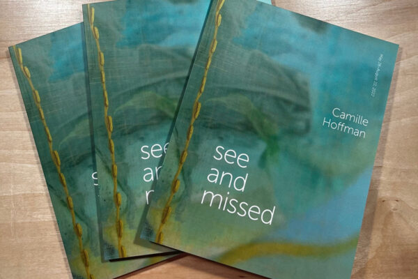 Catalog cover for Camille Hoffman's exhibition catalog, "See and Missed." Three identical catalogs splayed on a wood background; swirling green and blue background with white title text