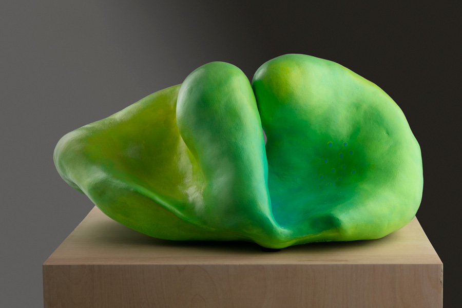 Nina Temple, Tongariro, 2018, fired and painted clay. An amorphous neon green blob reminiscent of two figures embracing