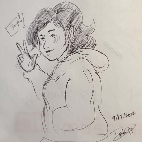 A cartoon drawing of a girl in a hoodie, holding up two fingers. A cartoon bubble says "Sup!!" from SLOMA's guest book