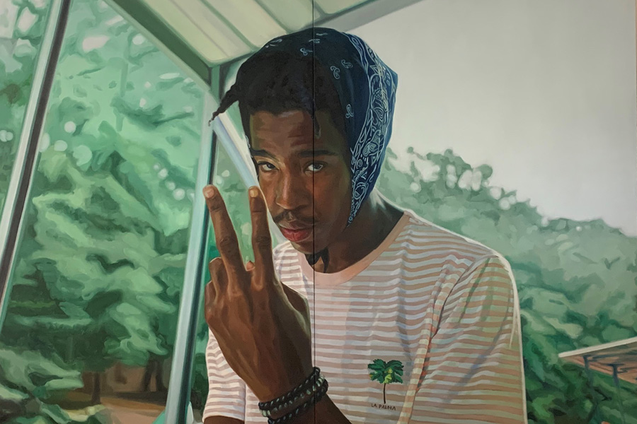 Artwork by Charlie Rugg. A painting depicting a Black man wearing a orange and white striped shirt and a blue bandana on his head, his left hand raised in a peace sign
