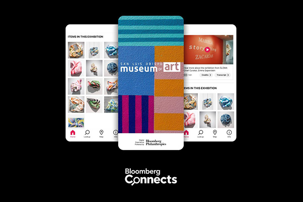 Bloomberg Connects logo with a magnifying glass as the "o" in Connects. Screenshots of the app in use