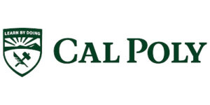 Logo for Cal Poly San Luis Obispo: a green shield with "Learn By Doing" above a setting sun and a crossed quill and hammer.
