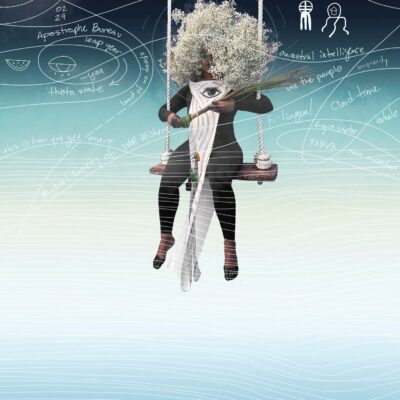 Tea Afar: a Black woman with a large white headdress swings on a wooden swing above a ombre sky