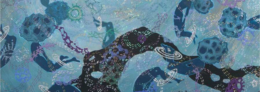 "The Ocean Beneath the Ocean with Water made of Diamonds" (detail) by Alisa Sikelianos-Carter. Dark figures seemingly float is a blue field