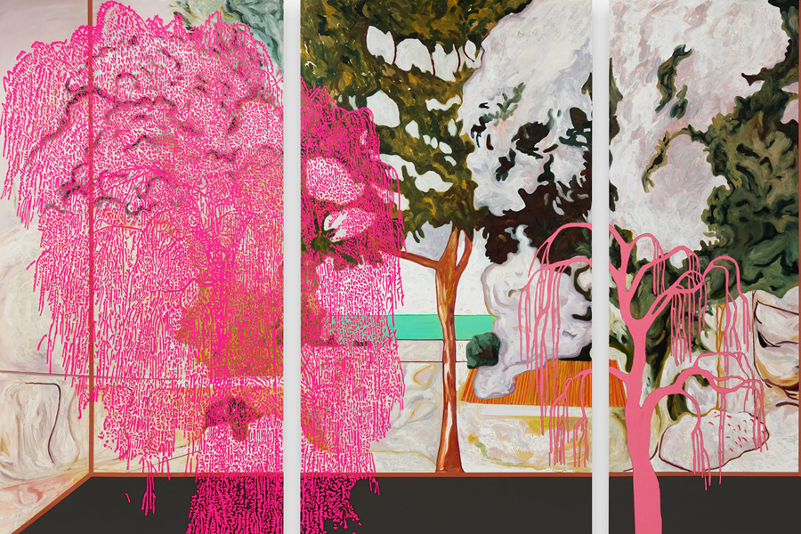 A classical-style painting with modern neon pink trees screenprinted on top