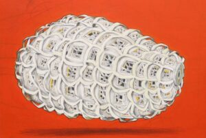 Drawing of a ovoid shape with lattice detail before a bright red background