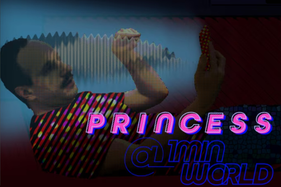 A video still image showing a man in a red shirt with ripples in the air near his face. Title in pink: Princess @ 1min world