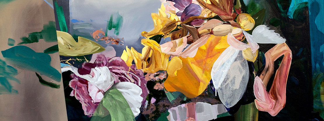 Breath work for plants - 3 Oil on canvas 40 x 60 Artwork by Carol Paquet depicting vibrant abstract flowers before a dark background