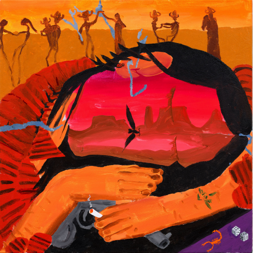 An abstract painting depicting people dancing in a southwest sunset