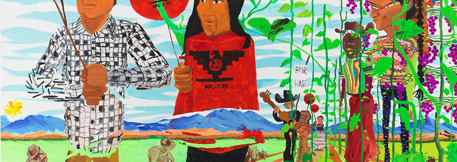 A brightly painted scene depicting Cesar Chavez and Dolores Huerta walking amongst grape vines and sunflowers