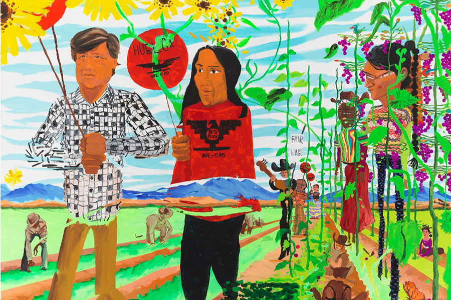 A brightly painted scene depicting Cesar Chavez and Dolores Huerta walking amongst grape vines and sunflowers