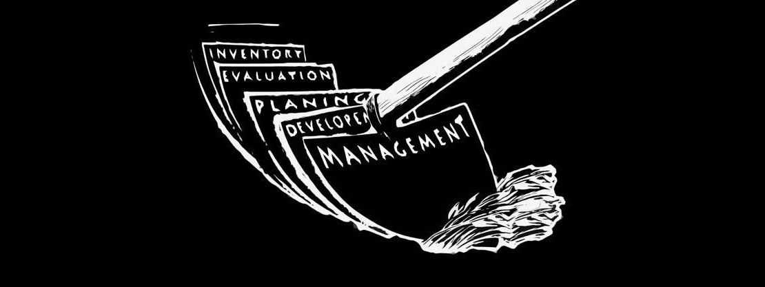 "Inventory Management" by Tamás Kaszás. White drawing of a garden implement with inventory, evaluation , planning, development, and management written on it; over a black background