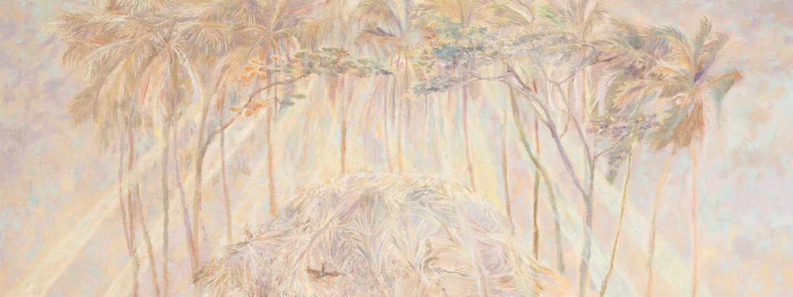 Painting showing palm trees surrounding a mound