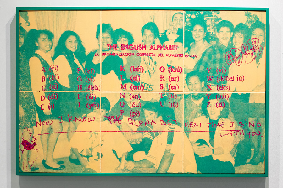 Screenprint on ceramic tiles showing a family photo and alphabet pronunciation guide