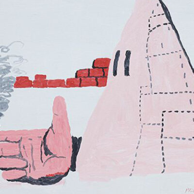 Painting showing a patchwork-hooded man smoking a cigar. Cigar recalls the Ku Klux Klan members that the artist saw in the Southern California of his youth, and Guston subverts the terror that they inspired with this buffoonish lampoon of human vice.