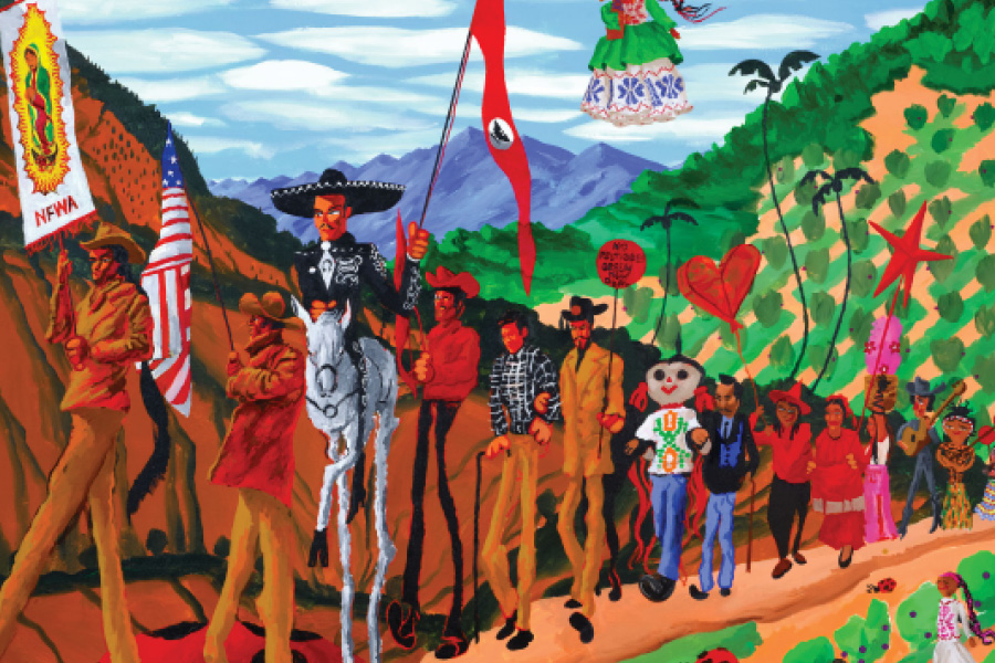 Brightly colored painting depicting a group of people, on foot and on horseback, marching along a farm road with banners