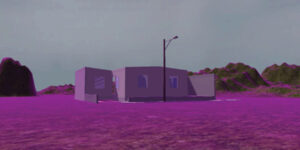 Still image from a short film, depicting a simple house in a field of purple