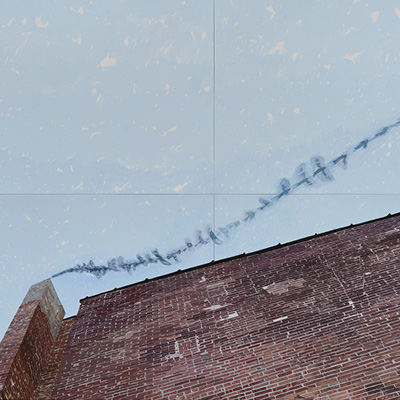 Painting of a brick wall and chimney with smoke that looks like a bird in flight