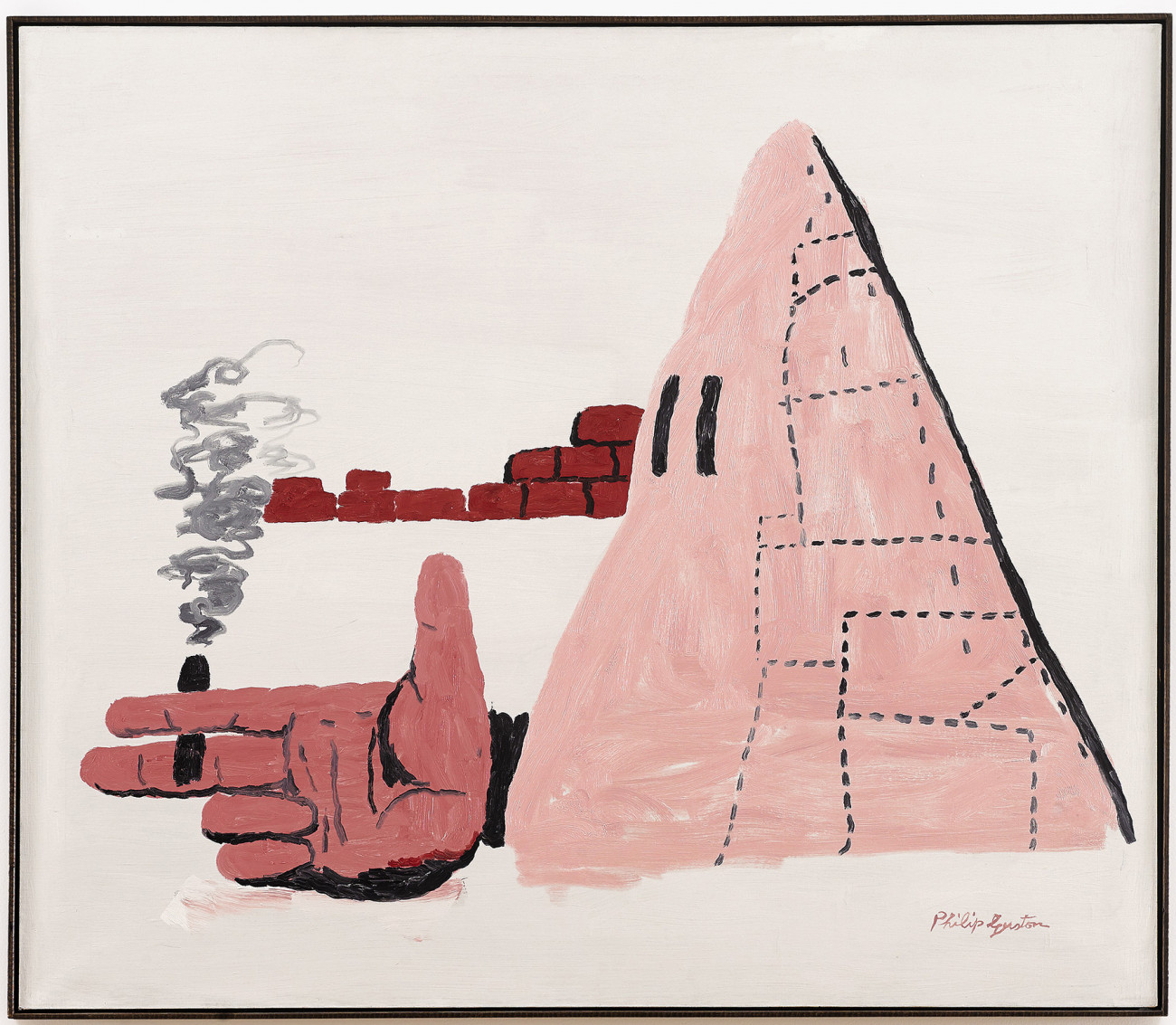 philip-guston-cigar A cartoonish person in a hood smoking a cigar