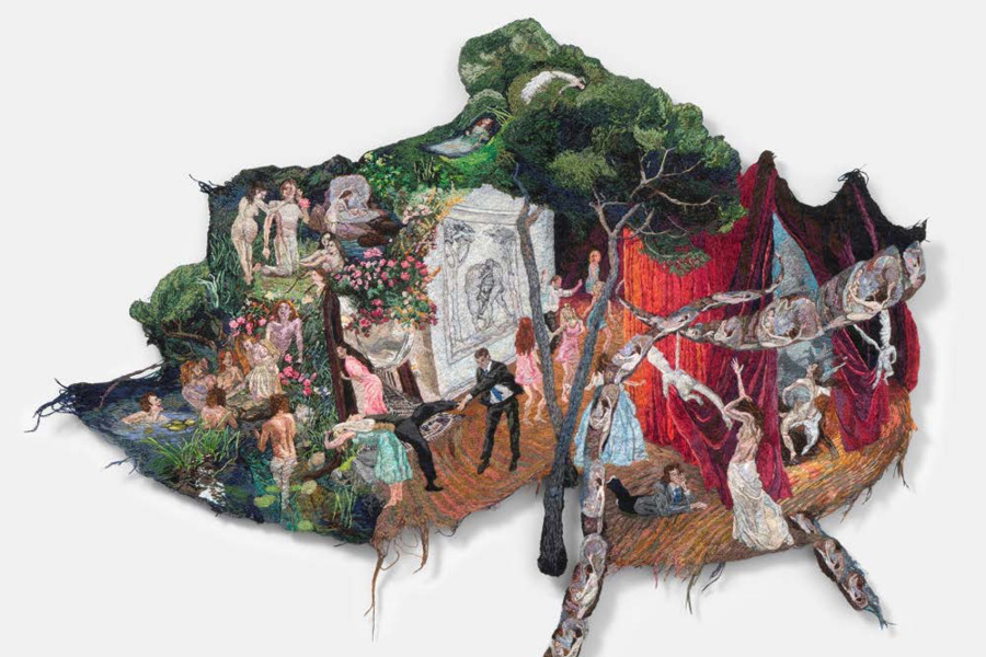 A textile artwork depicting village scene