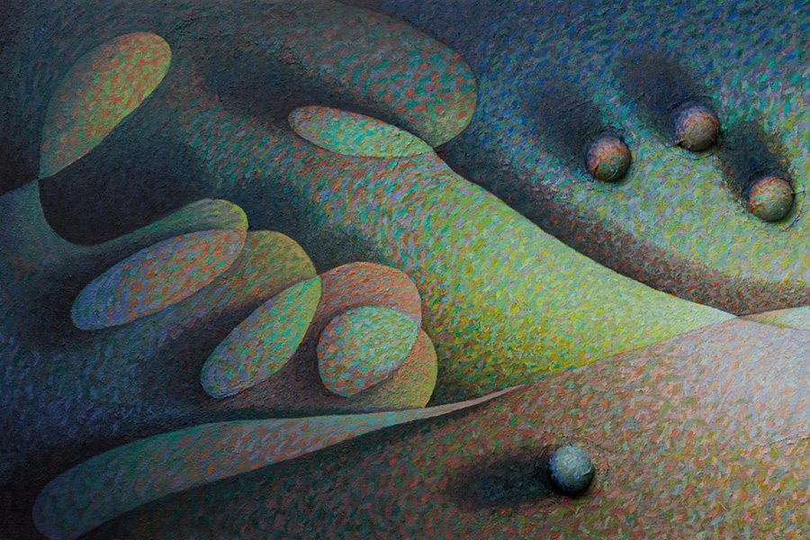 Abstract painting featuring loops in greens and browns