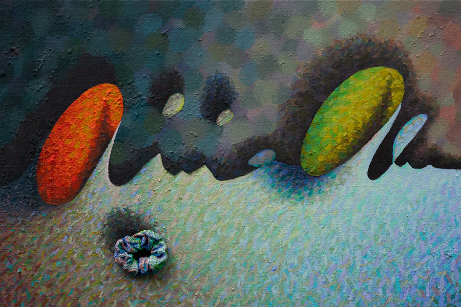 Abstract painting featuring loops in greens, reds, and browns