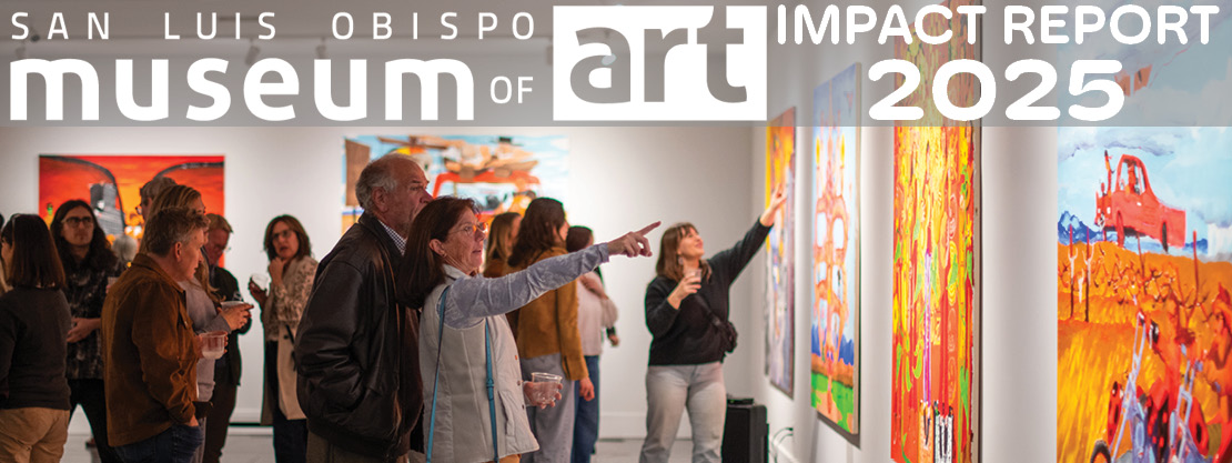 2025 impact report banner long People in the gallery pointing at art. SLOMA logo and "Impact Report 2025" in white text