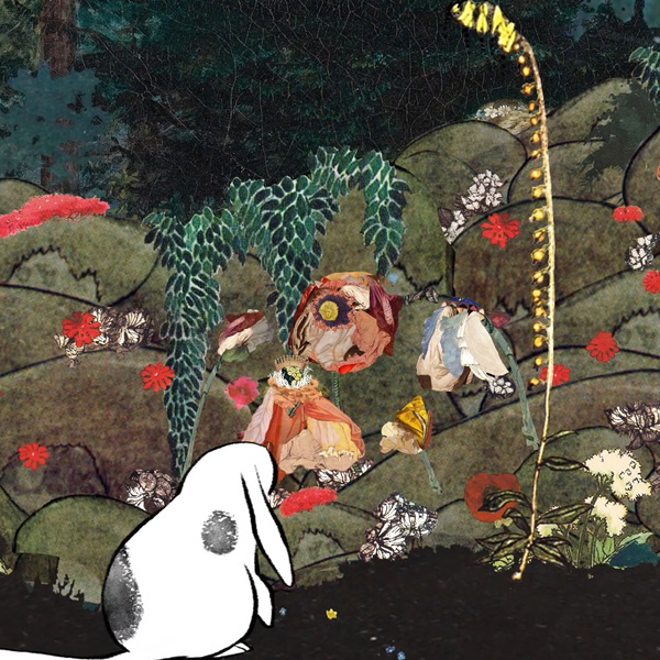 Video still showing an animated rabbit looking at plants