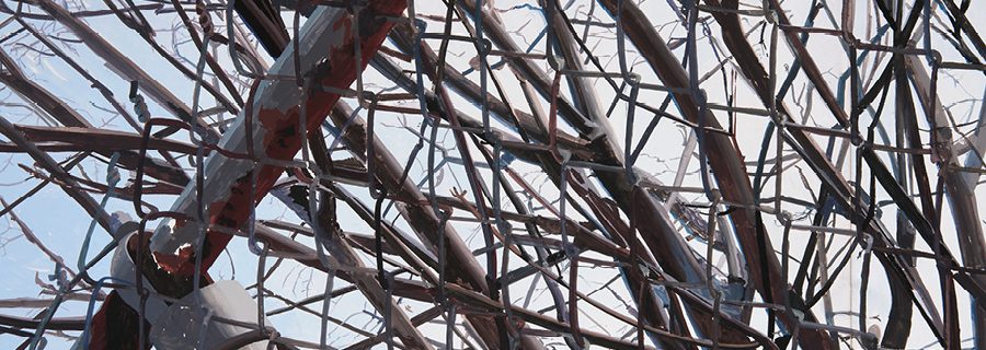 Painting of a chain link fence and tree branches (detail)