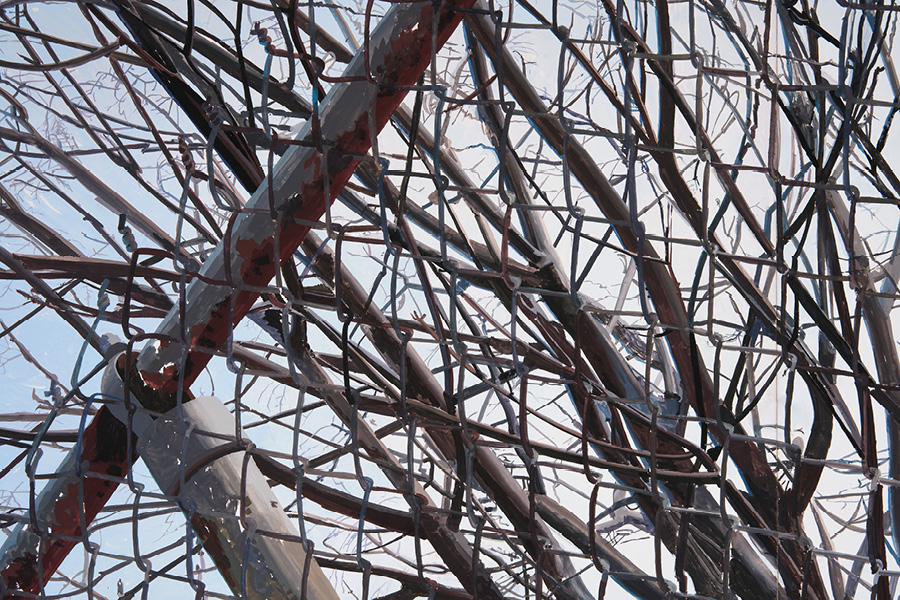 Painting of a chain link fence and tree branches (detail)