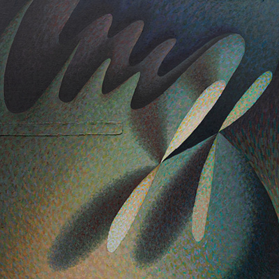 Alicia knot 400px Abstract painting featuring loops in greens and browns
