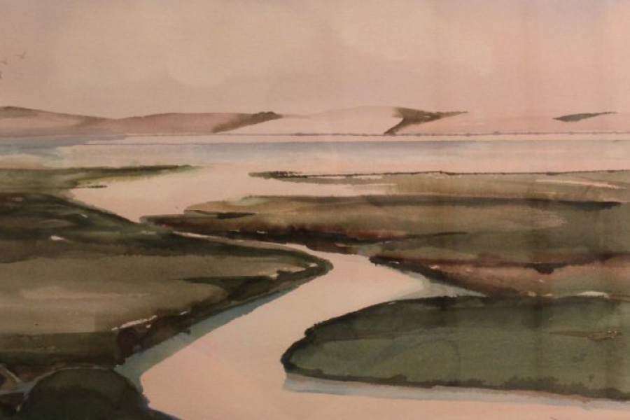 Watercolor of a coastal estuary and dunes