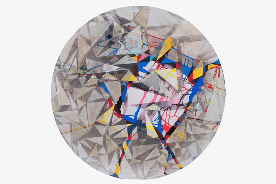 Gouache painting on a circle canvas with shards of color reminiscent of a diamond